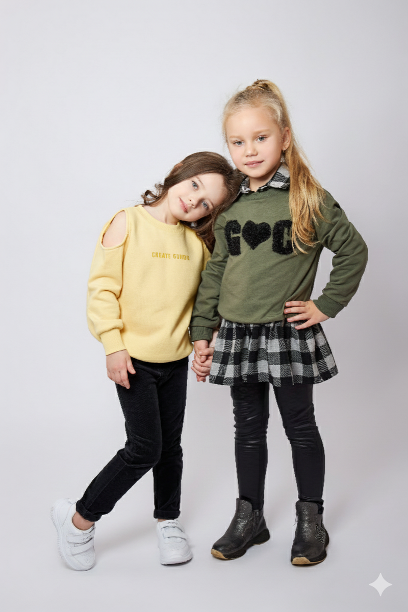 Kids Casual Outfit Set - Sweatshirt & Plaid Skirt Combo