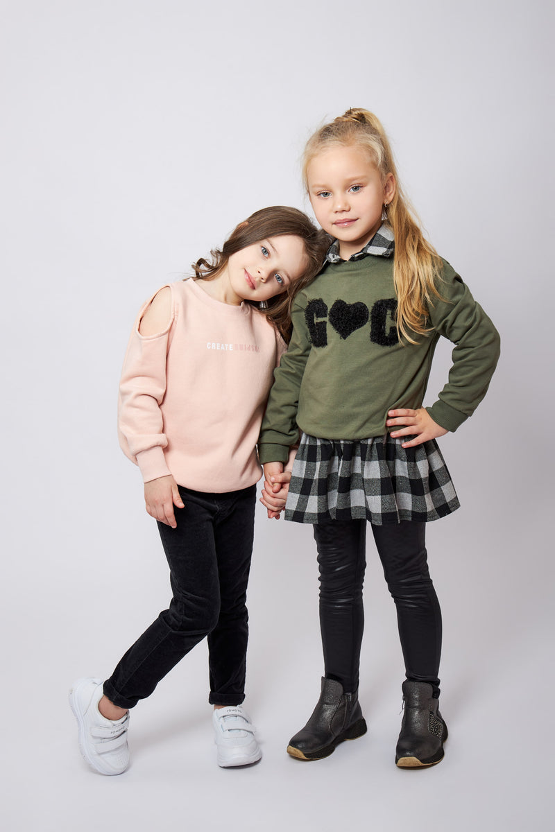 Kids Casual Outfit Set - Sweatshirt & Plaid Skirt Combo